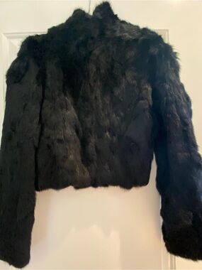 bebe Black Rabbit  Fur Teddy Cropped Jacket